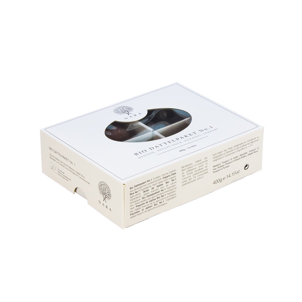 Cutie cadou de 400g cu curmale organice mix de degustare Nr. 1