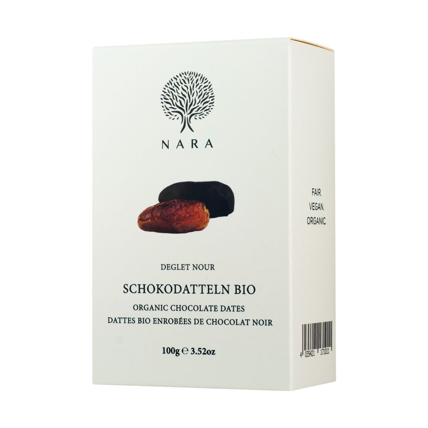 Ambalaj elegant cu curmale Deglet Nour bio în ciocolată (100g) de la far&fresh