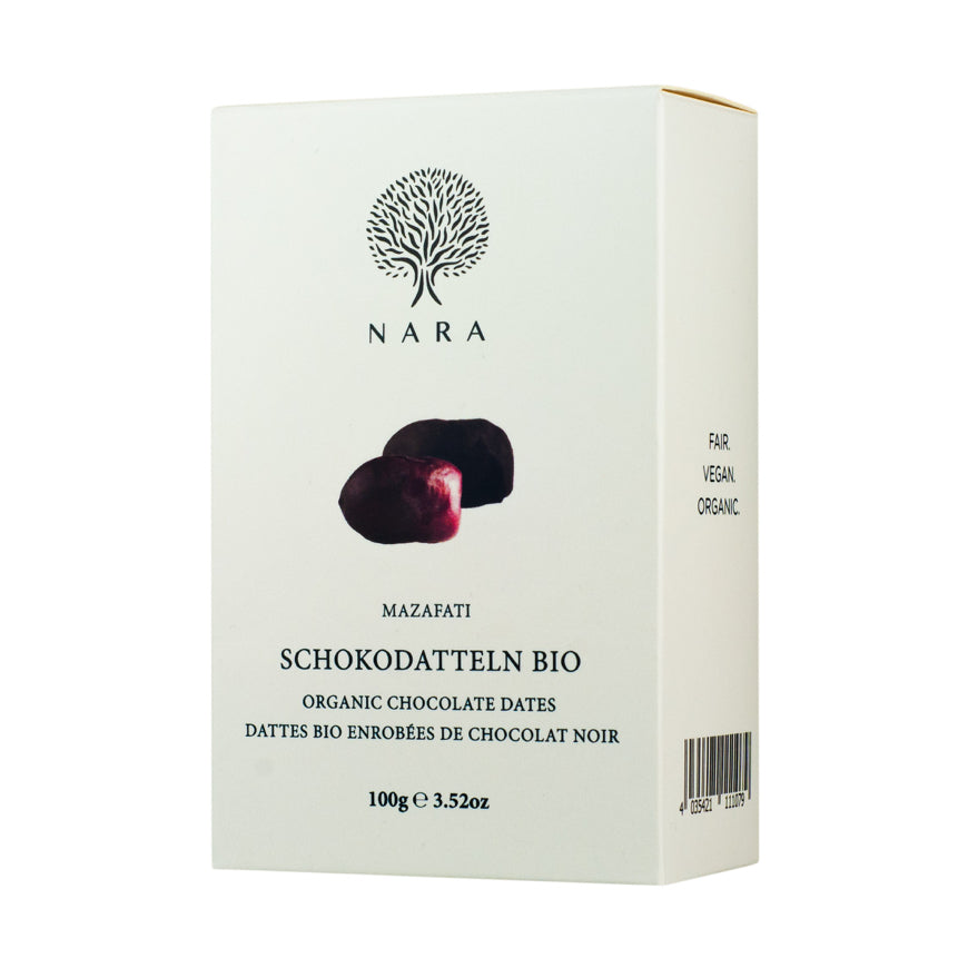 Ambalaj elegant cu curmale Mazafati bio în ciocolată (100g) de la far&fresh