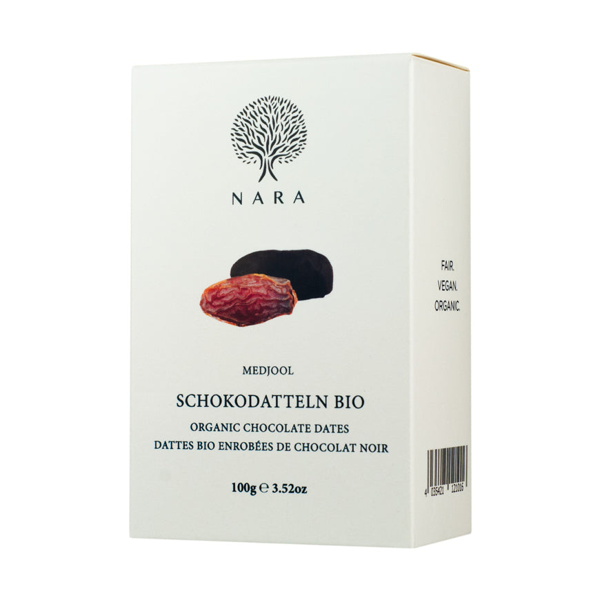 Ambalaj elegant cu curmale Medjool bio în ciocolată (100g) de la far&fresh